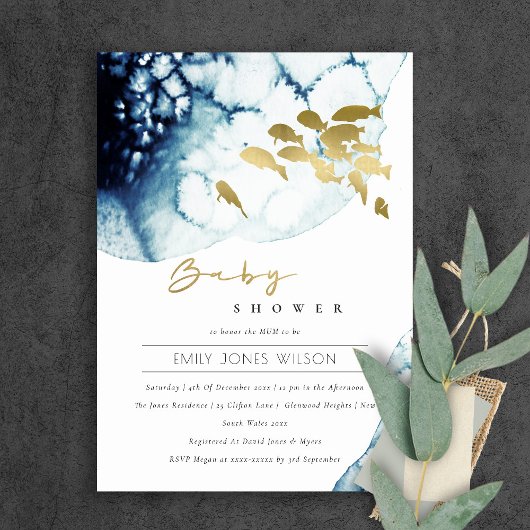 GOLD NAVY UNDERWATER ZEE FISH BABY SHOWER INVITE BEDANKKAART