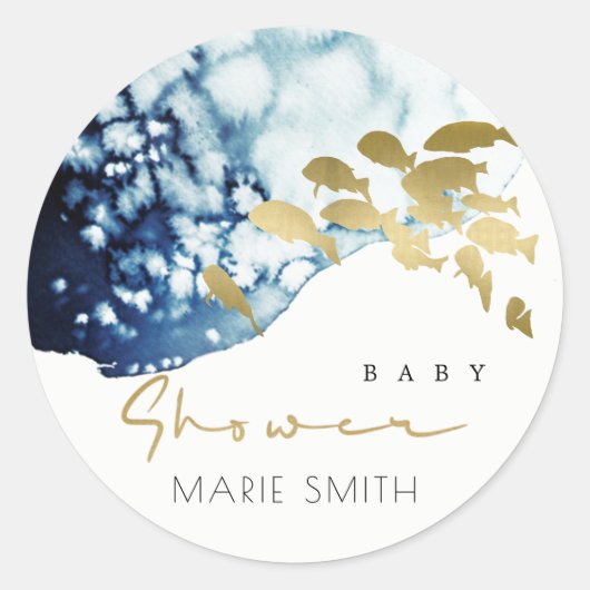 GOLD NAVY UNDERWATER ZEE FISH BABY SHOWER RONDE STICKER (Voorkant)