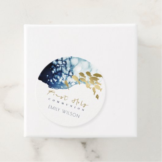 GOLD NAVY UNDERWATER ZEE FISH FIRST HOLY COMMUNION BEDANKJES LABELS (In situ)