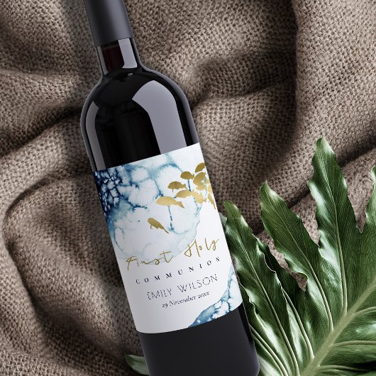 GOLD NAVY UNDERWATER ZEE FISH FIRST HOLY COMMUNION WIJN ETIKET