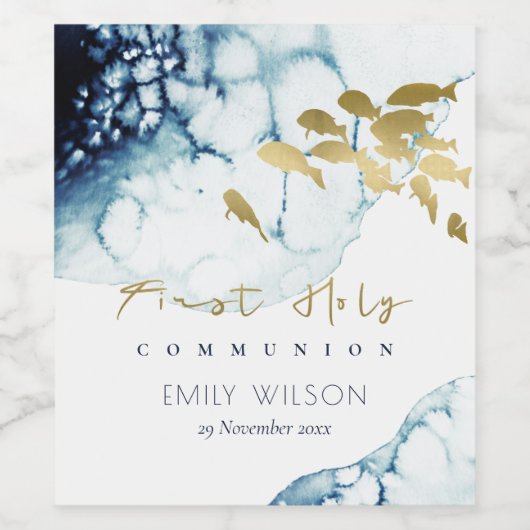 GOLD NAVY UNDERWATER ZEE FISH FIRST HOLY COMMUNION WIJN ETIKET (Enkel label)