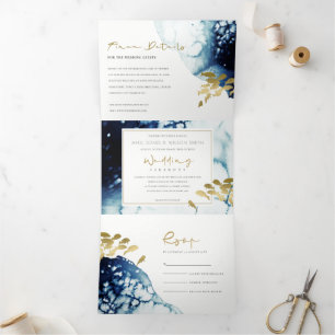 GOLD NAVY UNDERWATER ZEE FISH WATERVERF WEDING DRIELUIK UITNODIGING