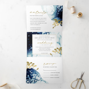 GOLD NAVY UNDERWATER ZEE FISH WATERVERF WEDING DRIELUIK UITNODIGING