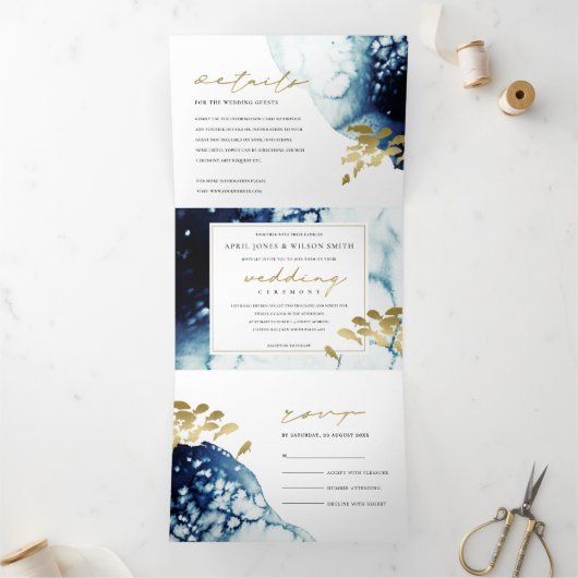 GOLD NAVY UNDERWATER ZEE FISH WATERVERF WEDING DRIELUIK UITNODIGING (Binnen)