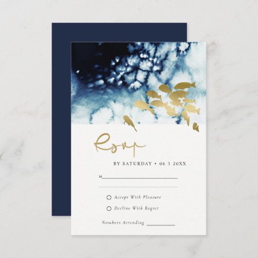 GOLD NAVY UNDERWATER ZEE FISH WEDDING RSVP ENCLOS INFORMATIEKAARTJE (Voorkant / Achterkant)