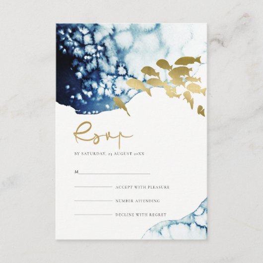 GOLD NAVY UNDERWATER ZEE FISH WEDDING RSVP INFORMATIEKAARTJE (Voorkant)