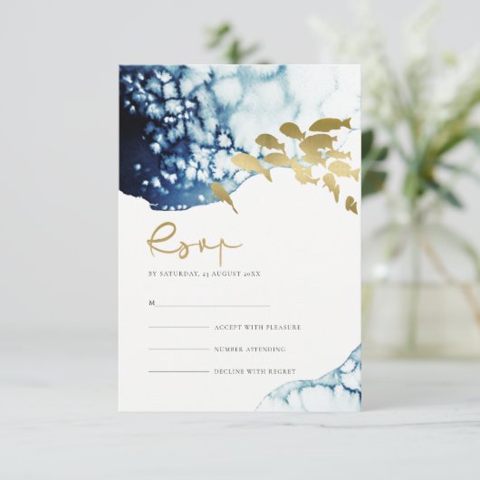 GOLD NAVY UNDERWATER ZEE FISH WEDDING RSVP INFORMATIEKAARTJE (Staand voorkant)