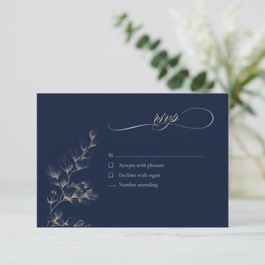 Gold & Navy Wedding RSVP Card (Staand voorkant)