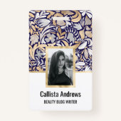 Gold Navy White Floral Leaf Illustration Pattern Badge (Voorkant)