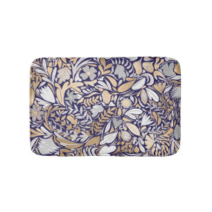 Gold Navy White Floral Leaf Illustration Pattern Badmat