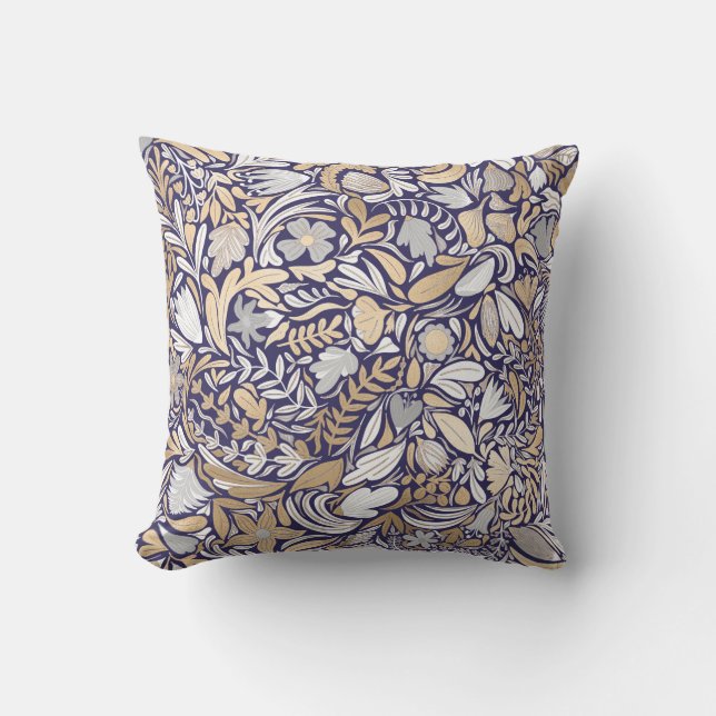 Gold Navy White Floral Leaf Illustration Pattern Buitenkussen (Voorkant)