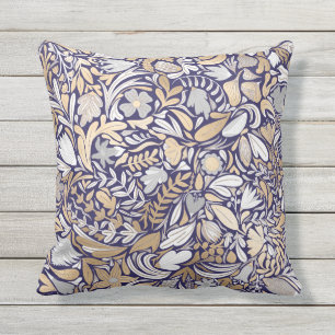 Gold Navy White Floral Leaf Illustration Pattern Buitenkussen