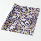 Gold Navy White Floral Leaf Illustration Pattern Cadeaupapier (Uitgerold)