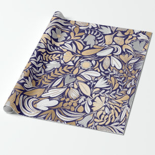 Gold Navy White Floral Leaf Illustration Pattern Cadeaupapier