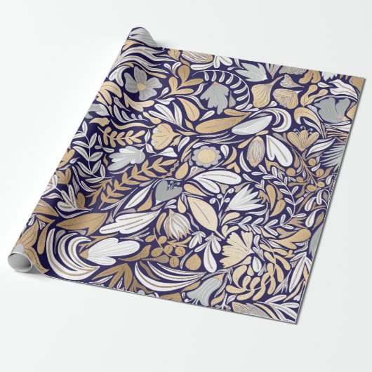 Gold Navy White Floral Leaf Illustration Pattern Cadeaupapier (Uitgerold)