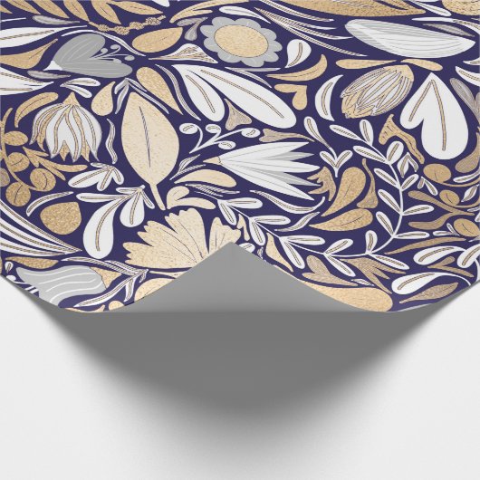 Gold Navy White Floral Leaf Illustration Pattern Cadeaupapier (Hoek)