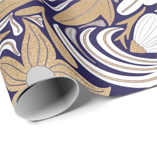 Gold Navy White Floral Leaf Illustration Pattern Cadeaupapier (Rol Hoek)