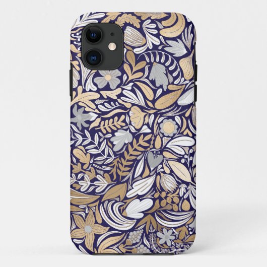 Gold Navy White Floral Leaf Illustration Pattern Case-Mate iPhone Case (Achterkant)