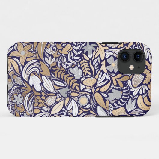Gold Navy White Floral Leaf Illustration Pattern Case-Mate iPhone Case (Achterkant (horizontaal))
