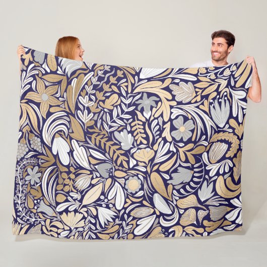 Gold Navy White Floral Leaf Illustration Pattern Fleece Deken (In situ)