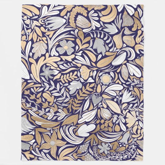 Gold Navy White Floral Leaf Illustration Pattern Fleece Deken (Voorkant)