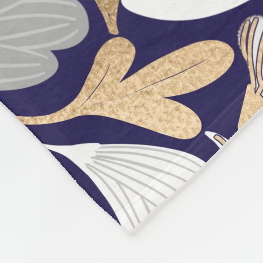 Gold Navy White Floral Leaf Illustration Pattern Fleece Deken (Hoek)