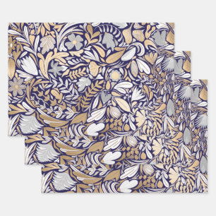 Gold Navy White Floral Leaf Illustration Pattern Inpakpapier Vel