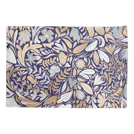 Gold Navy White Floral Leaf Illustration Pattern Kussensloop (Achterkant)