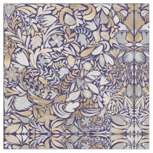 Gold Navy White Floral Leaf Illustration Pattern Stof