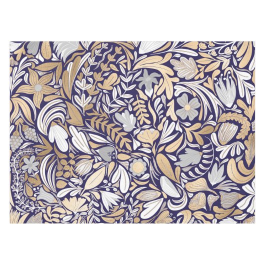 Gold Navy White Floral Leaf Illustration Pattern Tafelkleed (Voorkant (Horizontaal))