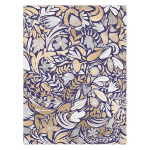 Gold Navy White Floral Leaf Illustration Pattern Tafelkleed