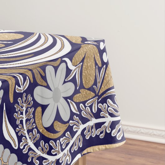 Gold Navy White Floral Leaf Illustration Pattern Tafelkleed (Voorbeeld)