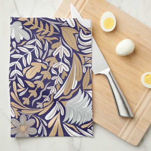 Gold Navy White Floral Leaf Illustration Pattern Theedoek (Quarter Fold)