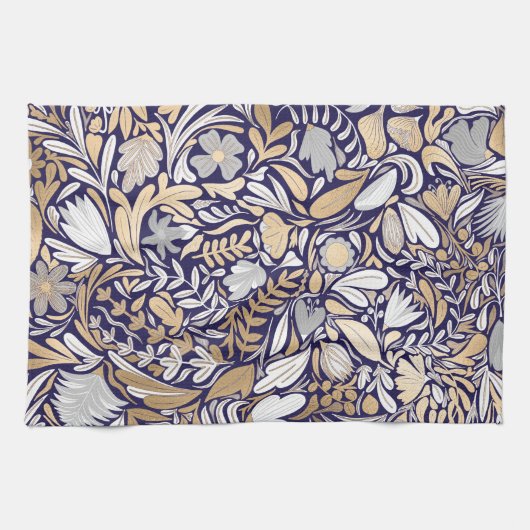 Gold Navy White Floral Leaf Illustration Pattern Theedoek (Horizontaal)