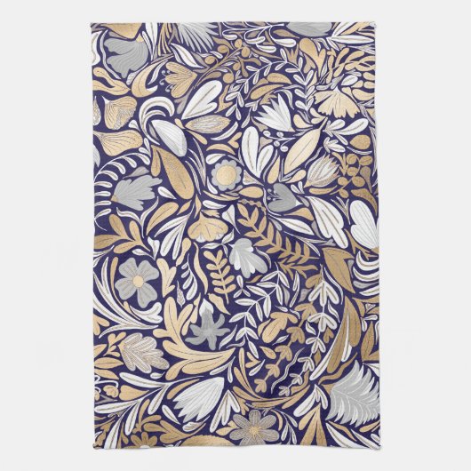 Gold Navy White Floral Leaf Illustration Pattern Theedoek (Verticaal)