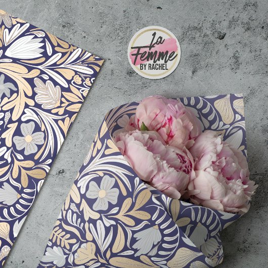 Gold Navy White Floral Leaf Illustration Pattern Tissuepapier