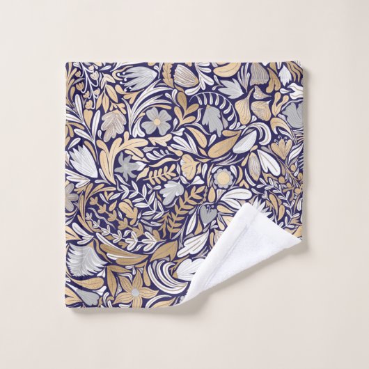 Gold Navy White Floral Leaf Illustration Pattern Washandje (Wasdoekje)