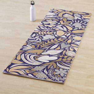Gold Navy White Floral Leaf Illustration Pattern Yogamat