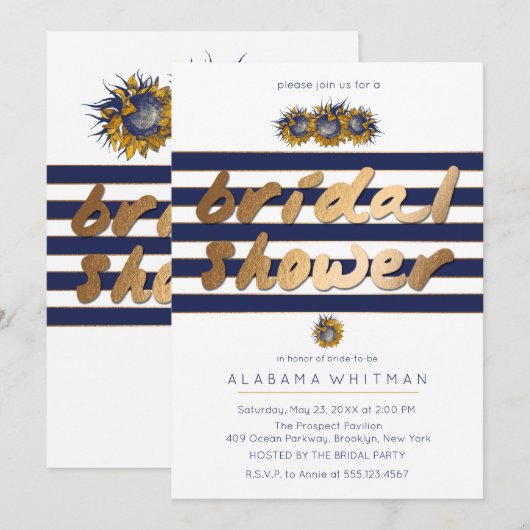 Gold & Navy Zonnebloem Bruids Douche Uitnodigingen (Voorkant / Achterkant)