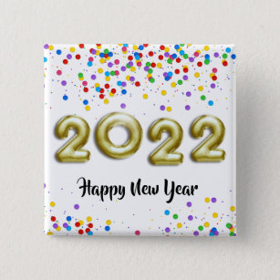 Gold New Year 2022 Balloons Colorful Confetti Vierkante Button 5,1 Cm