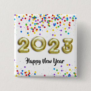 Gold New Year 2023 Balloons Colorful Confetti Vierkante Button 5,1 Cm