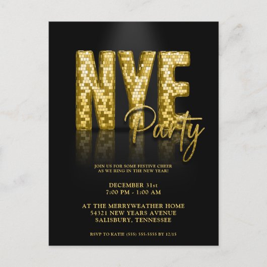 Gold New Years Eve Disco Party Invitation Briefkaart (Voorkant)