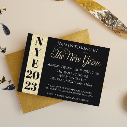 Gold New Years Eve Invitation Kaart