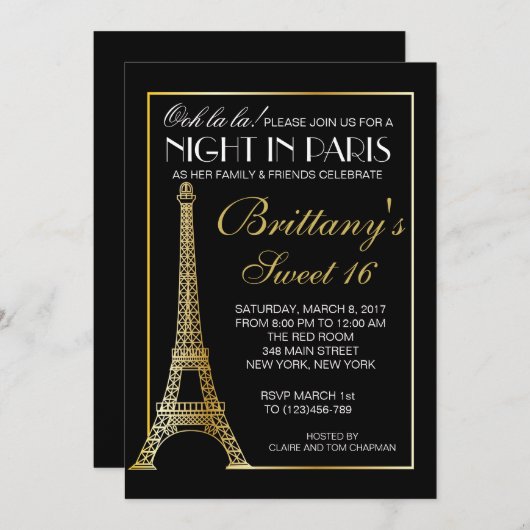 Gold Night in Paris Sweet 16 Custom Invitation Kaart (Voorkant / Achterkant)