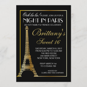 Gold Night in Paris Sweet 16 Custom Invitation Kaart