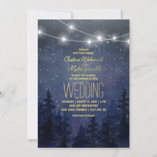 Gold Night Sky Forest Wedding | String Lights Kaart (Voorkant)
