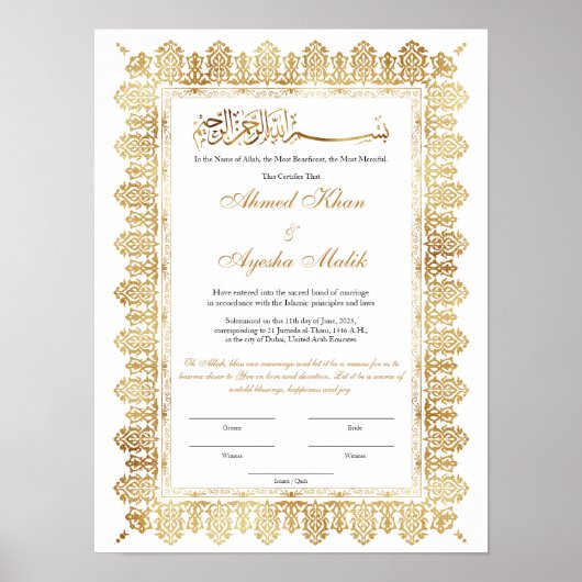 Gold Nikkah Certificate for Muslim Islamic Wedding Poster (Voorkant)