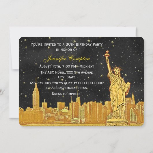 Gold NYC Skyline #2 Etch Blk Starry BG H Birthday Kaart (Achterkant)