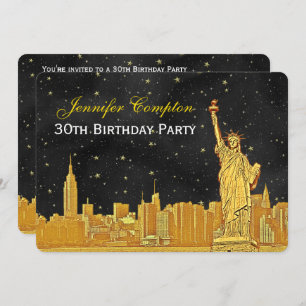 Gold NYC Skyline #2 Etch Blk Starry BG H Birthday Kaart