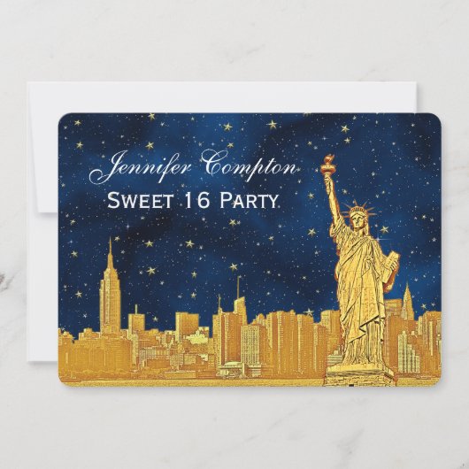 Gold NYC Skyline #2 Etch Blue Starry BG H Sweet 16 Kaart (Voorkant)